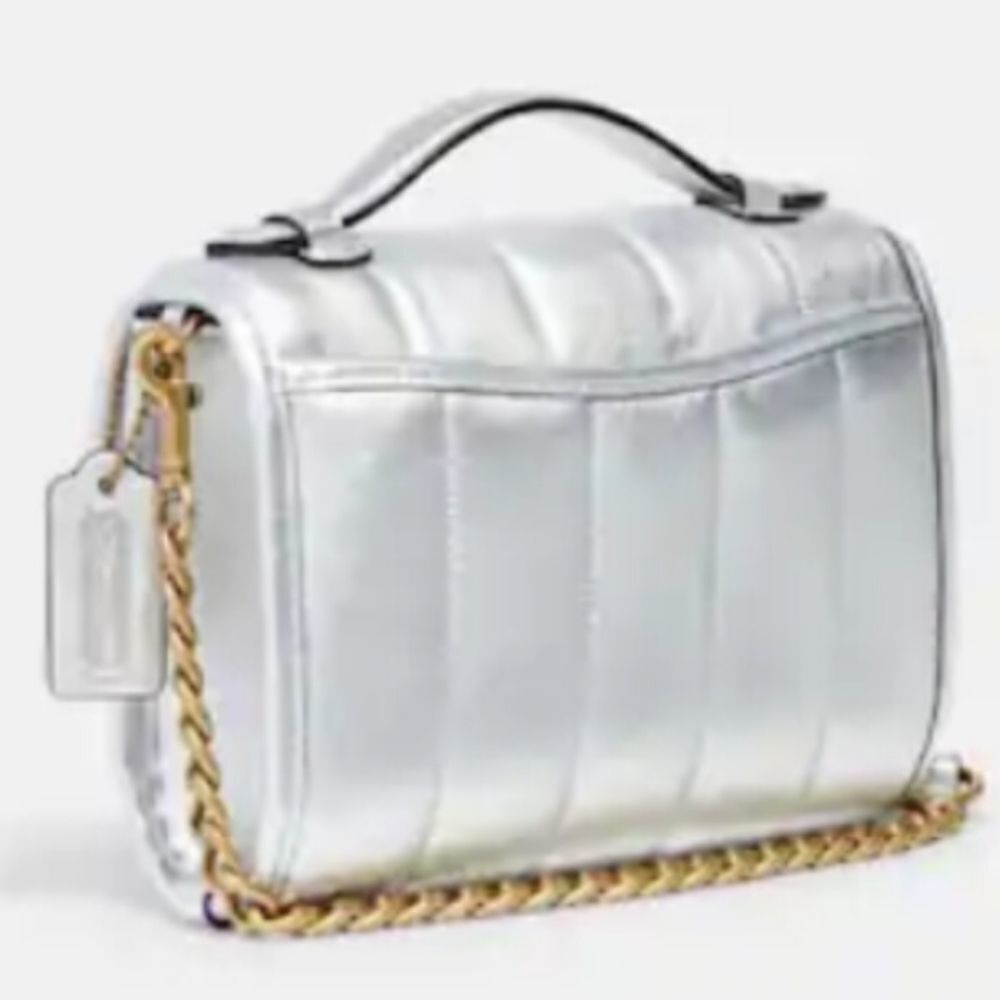 Coach RETAIL Metallic Silver Quilted Leather Turnlock Crossbody Bag - Picture 2 of 12